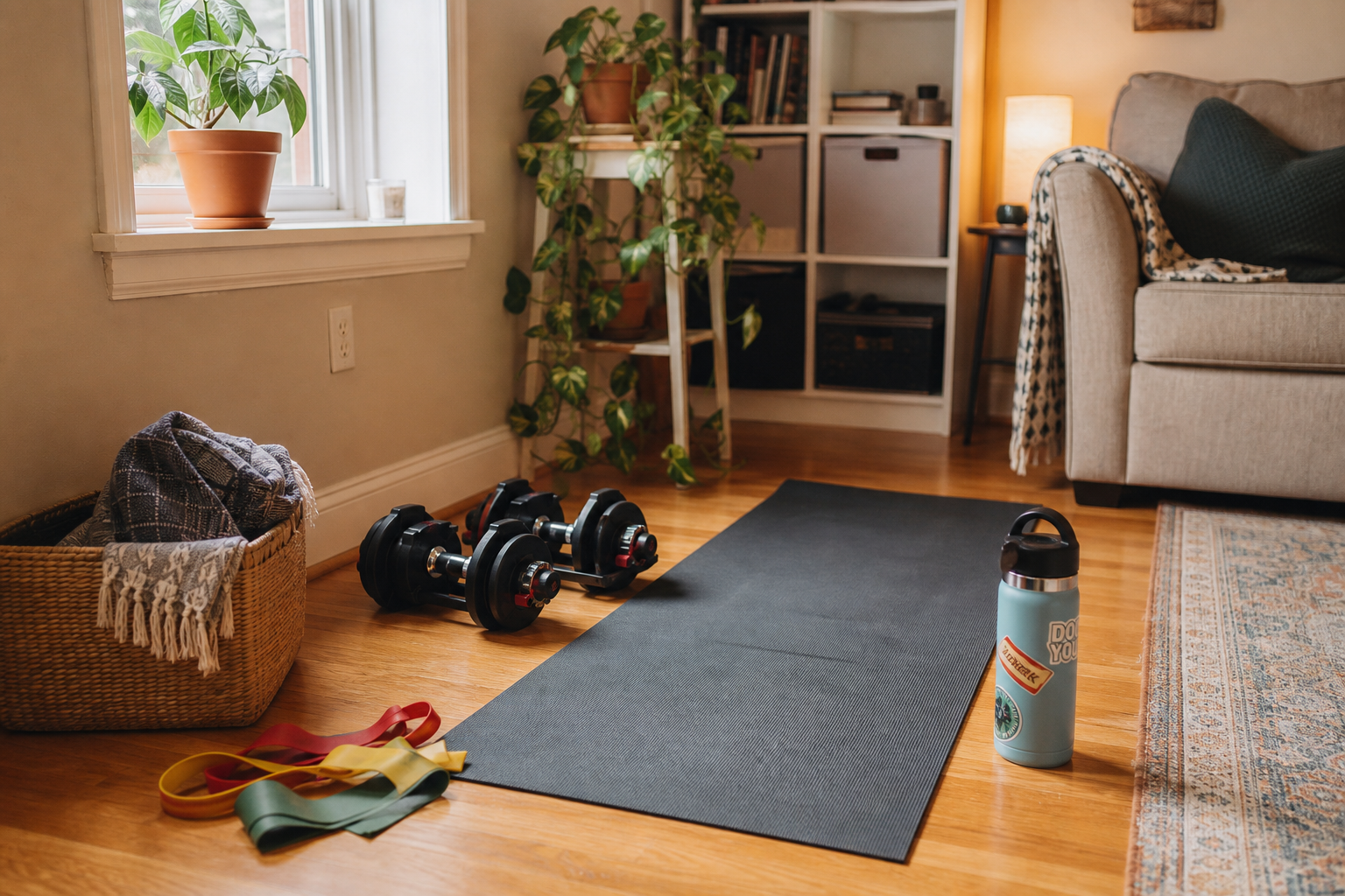 A cozy living room corner with a yoga mat on hardwood floor, adjustable dumbbells, colorful resistance bands, and a water bottle beside a couch, with natural window light and a houseplant creating a warm, lived-in feel