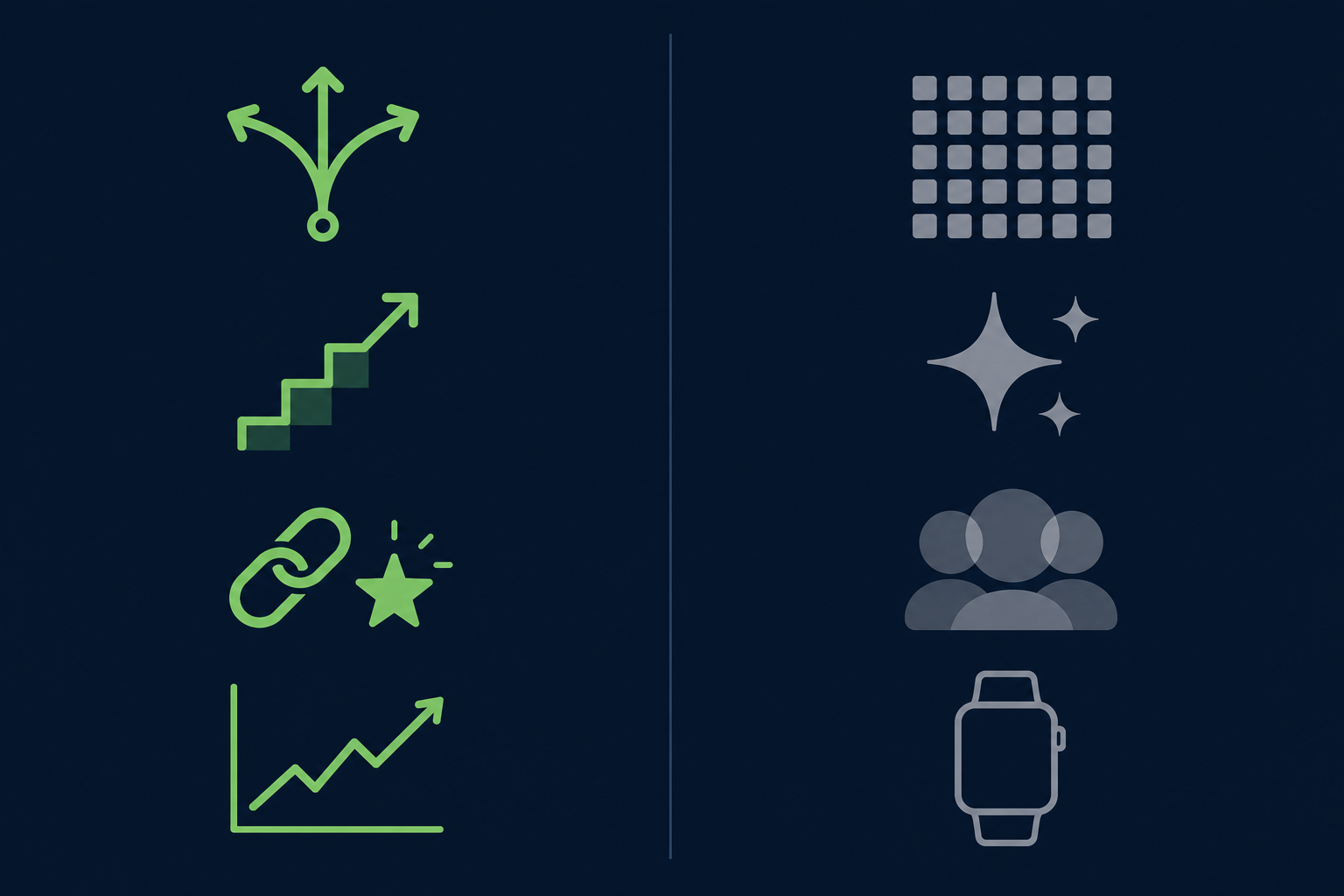 Split editorial infographic on a dark navy background: left column in green shows four icons representing adaptive programming, structured progression, engagement mechanics, and progress tracking; right column in muted grey shows four icons representing a massive exercise library, flashy UI, social feeds, and wearable integration alone.