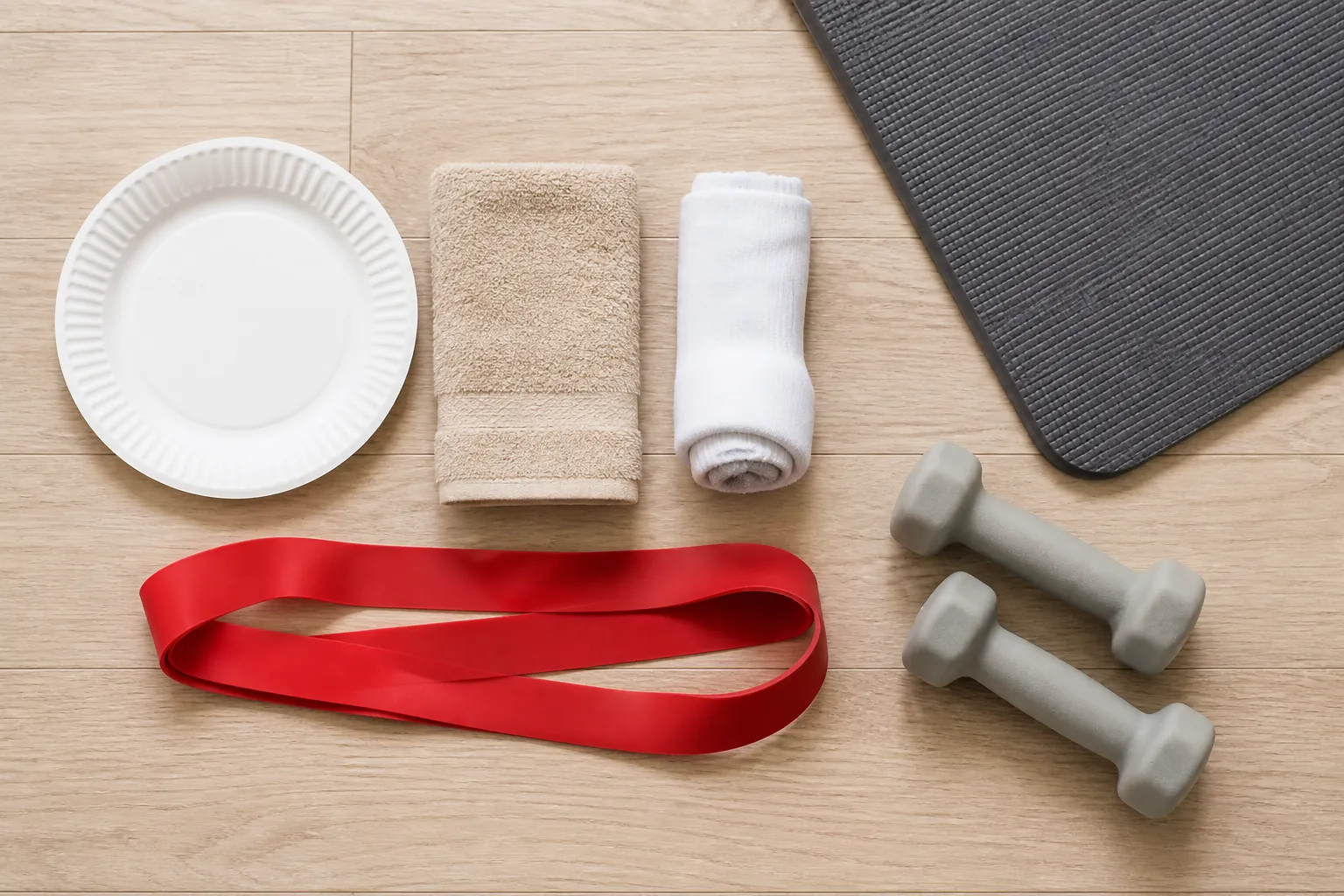 Household items used as no-cost workout gear including a paper plate, towel, sock, resistance band, mat, and light dumbbells