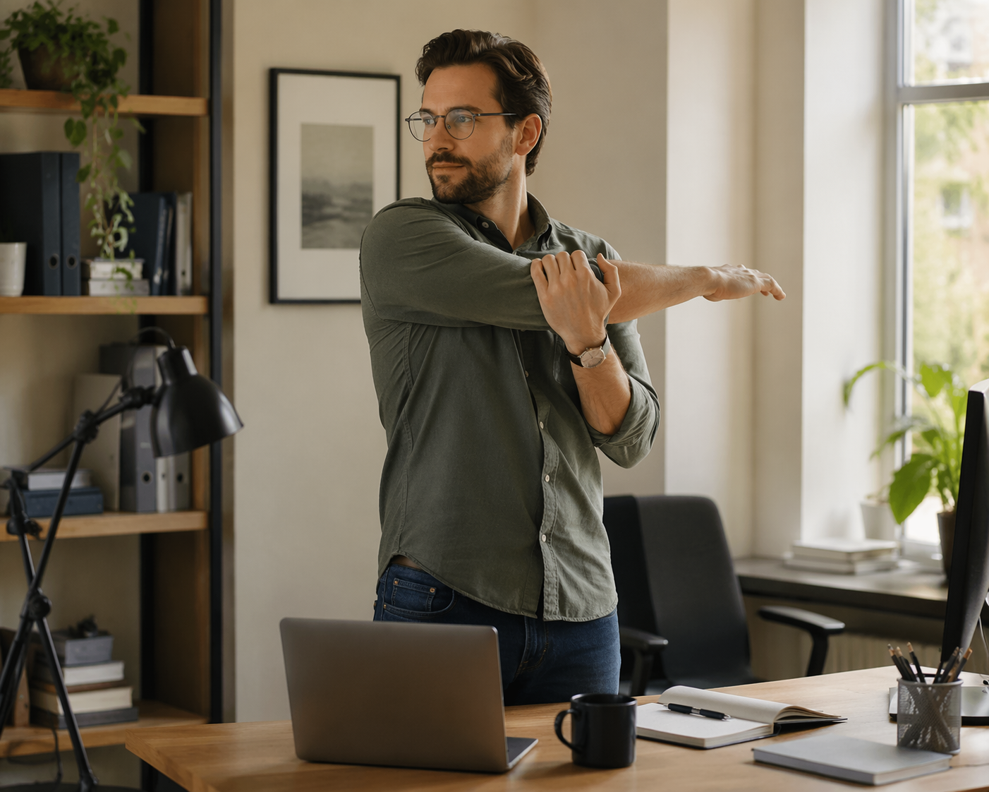 A desk worker standing beside a laptop and monitor while performing a gentle upper body mobility stretch