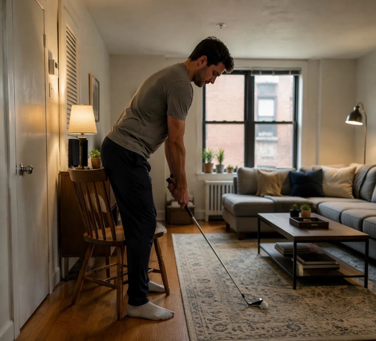 Golfer using a dining chair behind the hips for an apartment early-extension drill