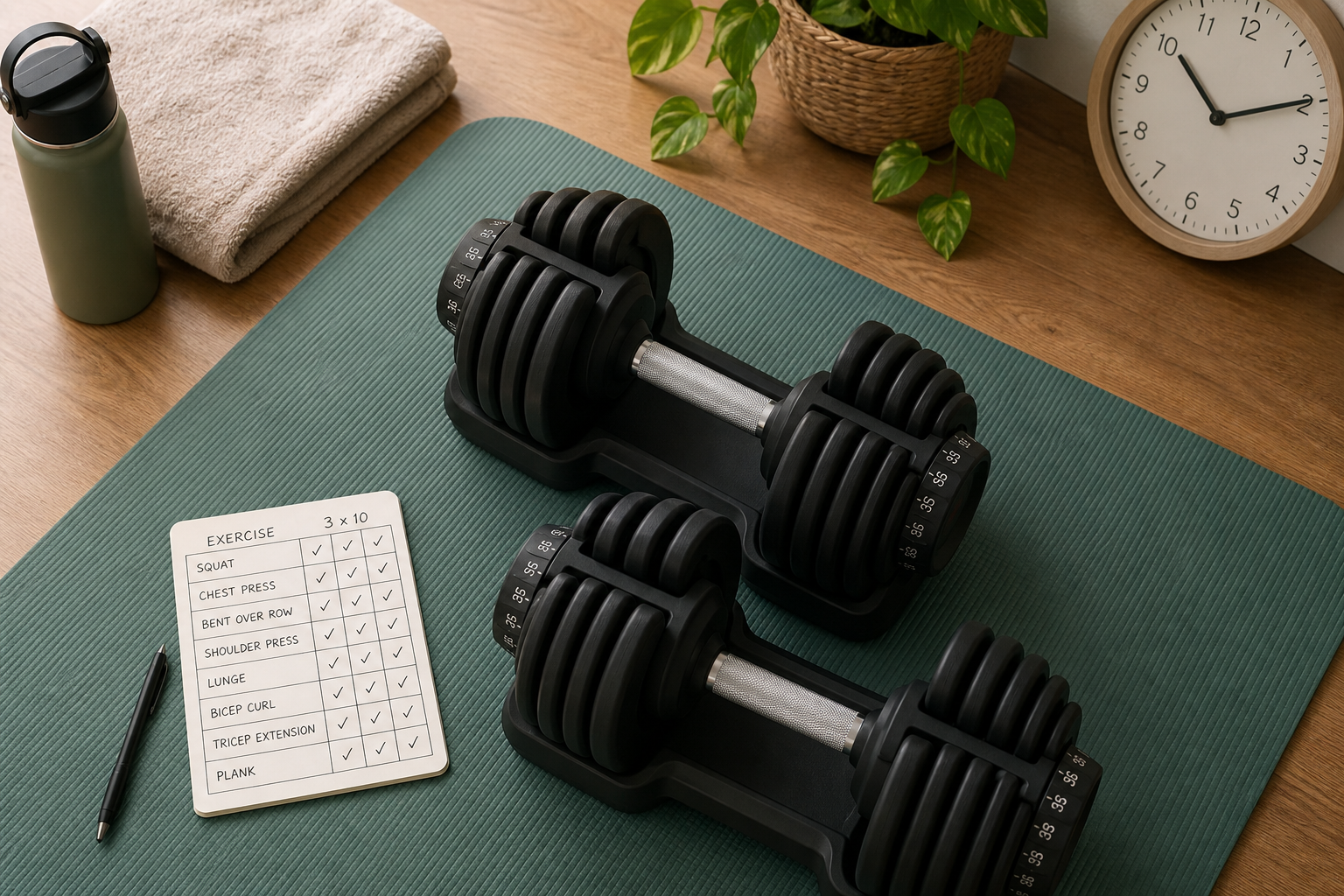 Top-down flat lay of a pair of adjustable dumbbells on a teal mat, with a notebook showing a workout grid, water bottle, and towel.