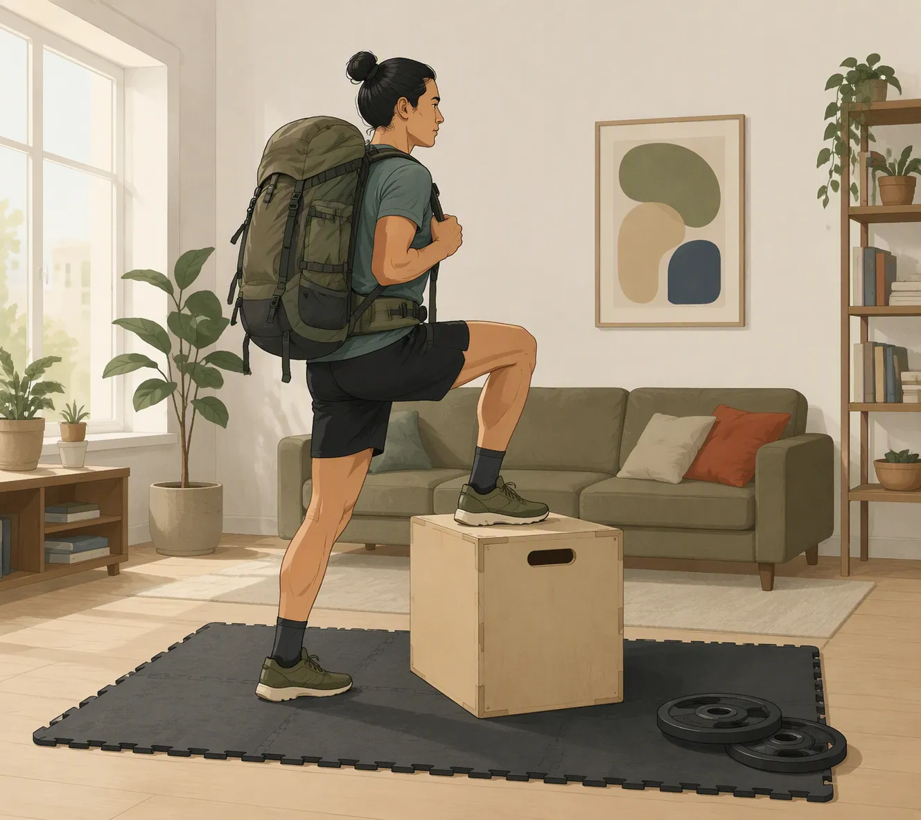 Person doing weighted backpack step-ups onto a low box on a protective mat in an apartment