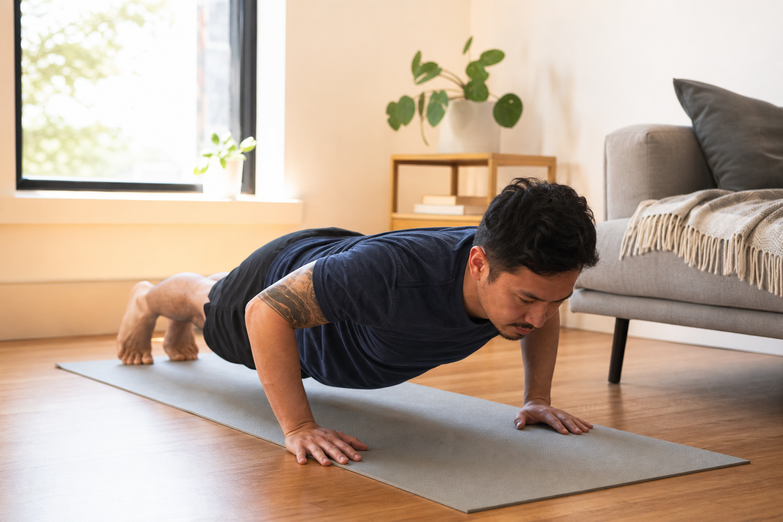 An everyday adult doing a push-up on a yoga mat in a small apartment living room with natural daylight.