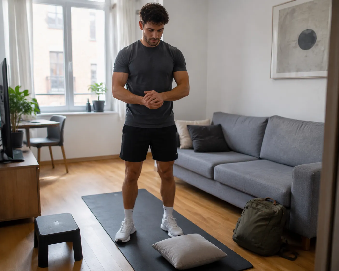 Small living room workout setup with a rucksack, low step, pillow, yoga mat, and sofa