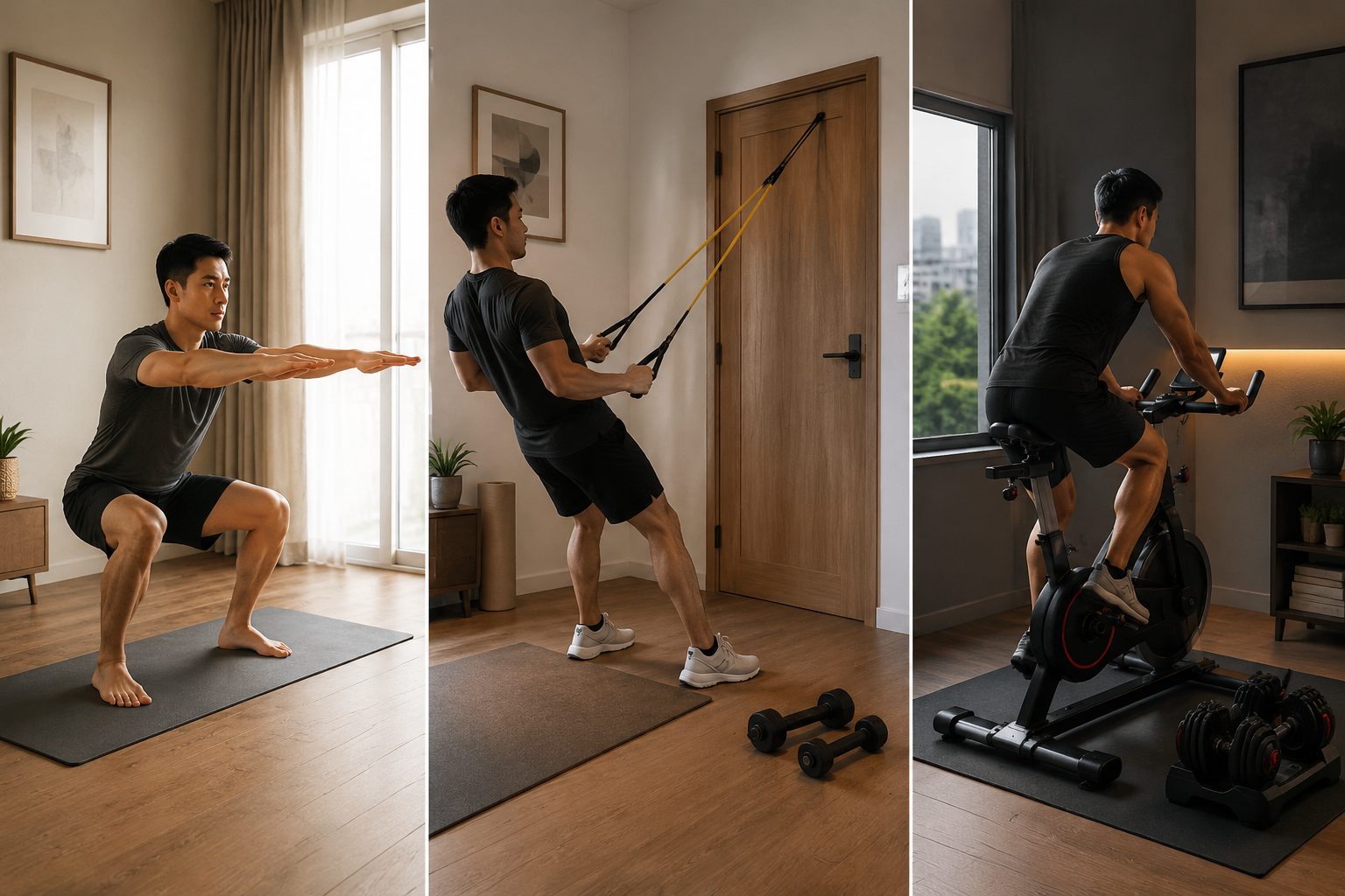 Three home gym tiers showing bodyweight squats, resistance band rows with dumbbells, and an indoor cycling setup