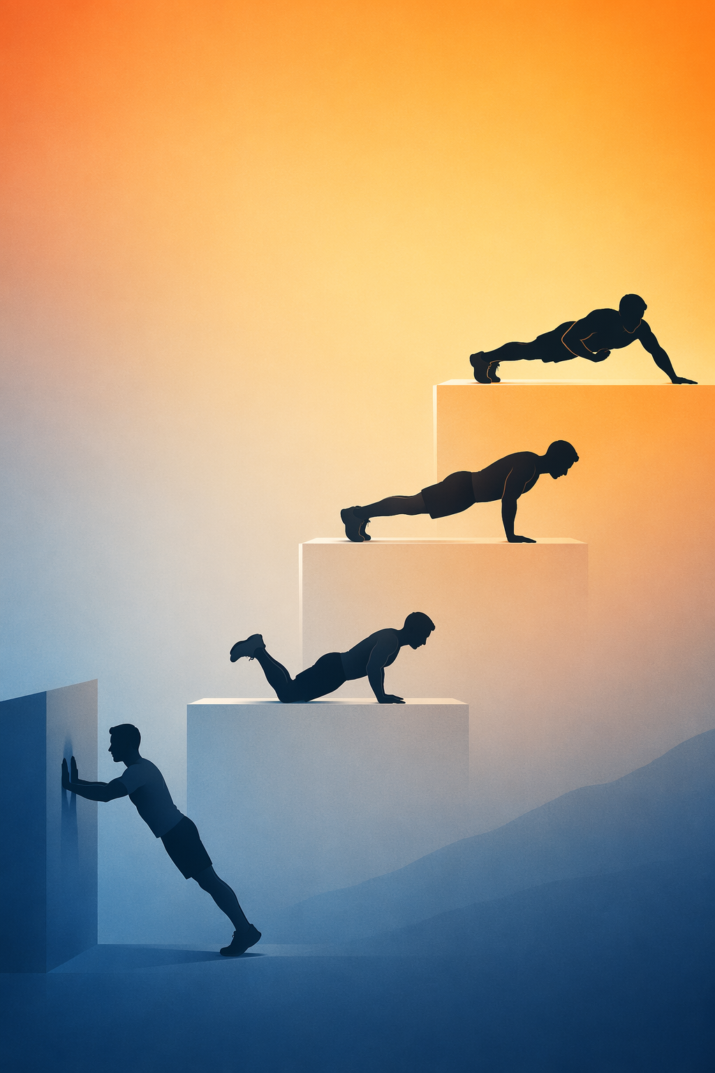 Illustration of a bodyweight push-up progression ladder from wall push-up to advanced variation