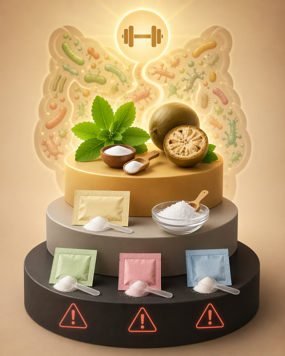 Three-tier ranking of sweeteners with gut microbiome and fitness icons