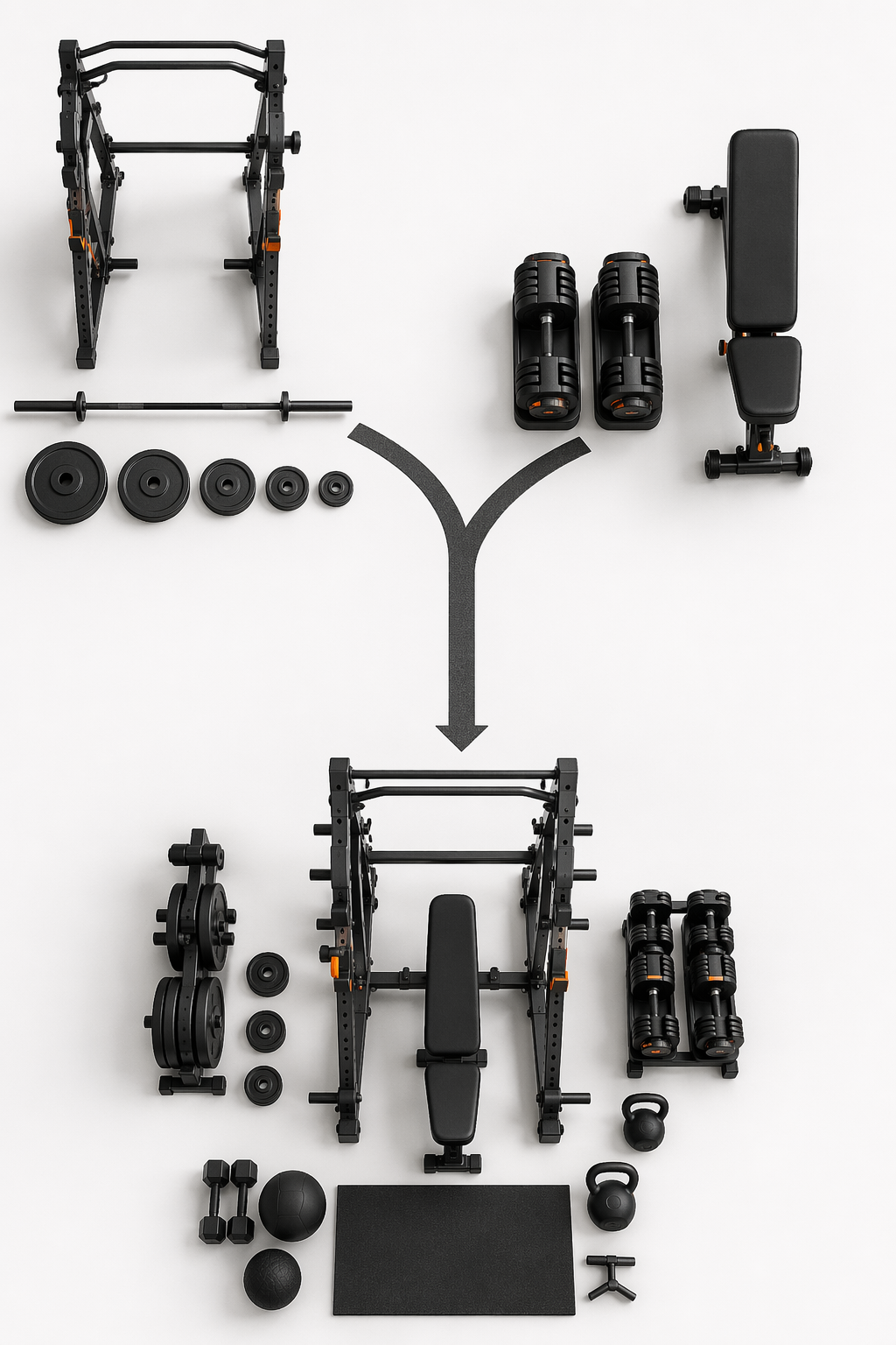 Decision branch showing a rack-and-barbell path on one side and a dumbbell-first path on the other, converging into a fuller home gym layout.