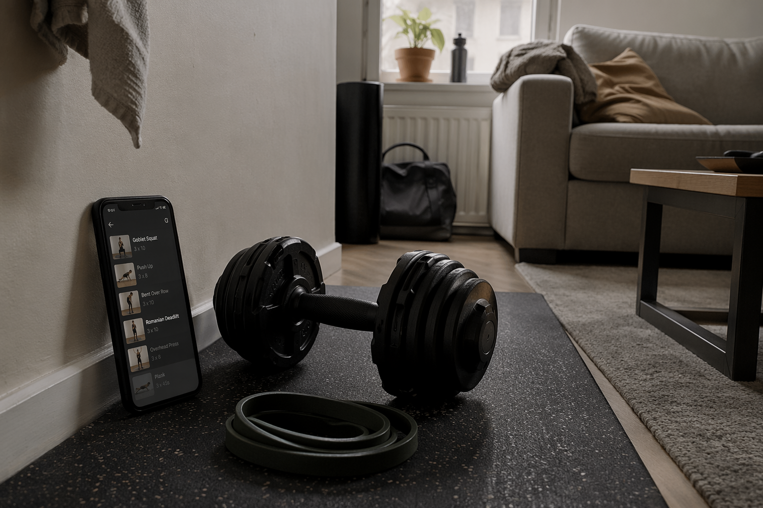 Apartment corner home gym with an adjustable dumbbell, resistance band, and phone showing a workout app