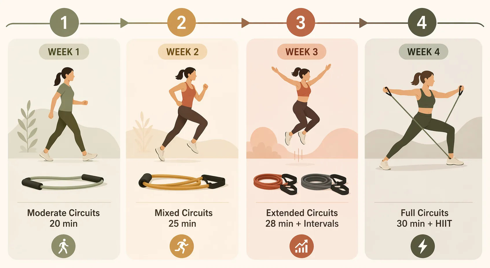 Four-panel illustration showing a home workout progression from Week 1 to Week 4