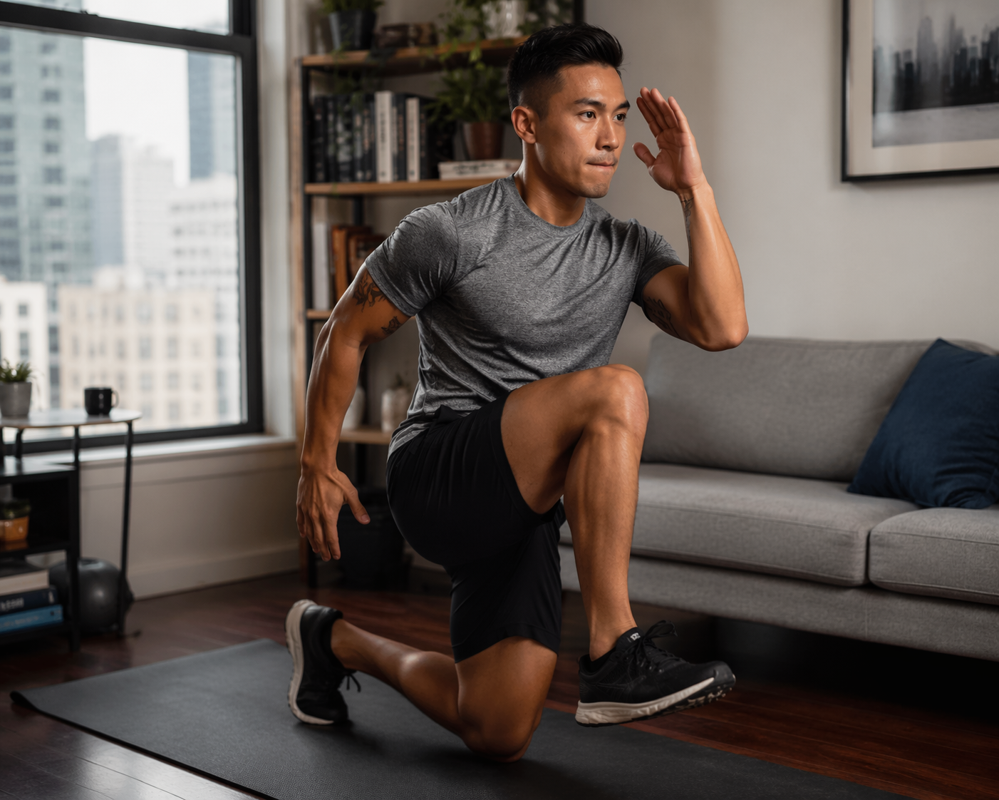 Person performing a controlled reverse lunge to knee drive in a small apartment living room