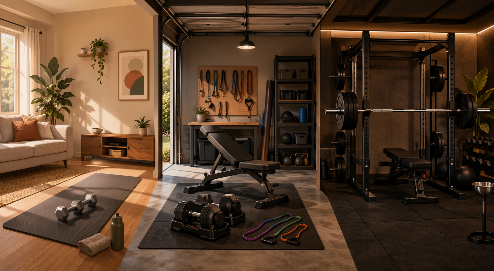 Three home training setups from living room dumbbells to garage bench setup to barbell rack