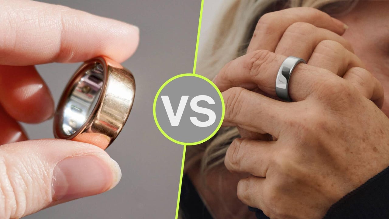 Two Oura smart rings in silver finish placed side by side on a clean neutral surface, showing the Oura Ring 5 on the left and Oura Ring 4 on the right, with the Ring 5 visibly thinner and more compact than the Ring 4.