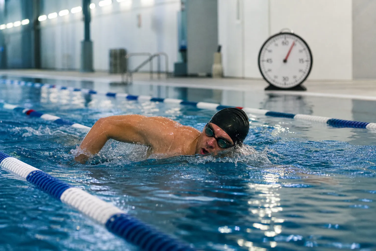 Fit adult swimmer holding controlled freestyle form in an indoor pool lane with a pace clock on deck