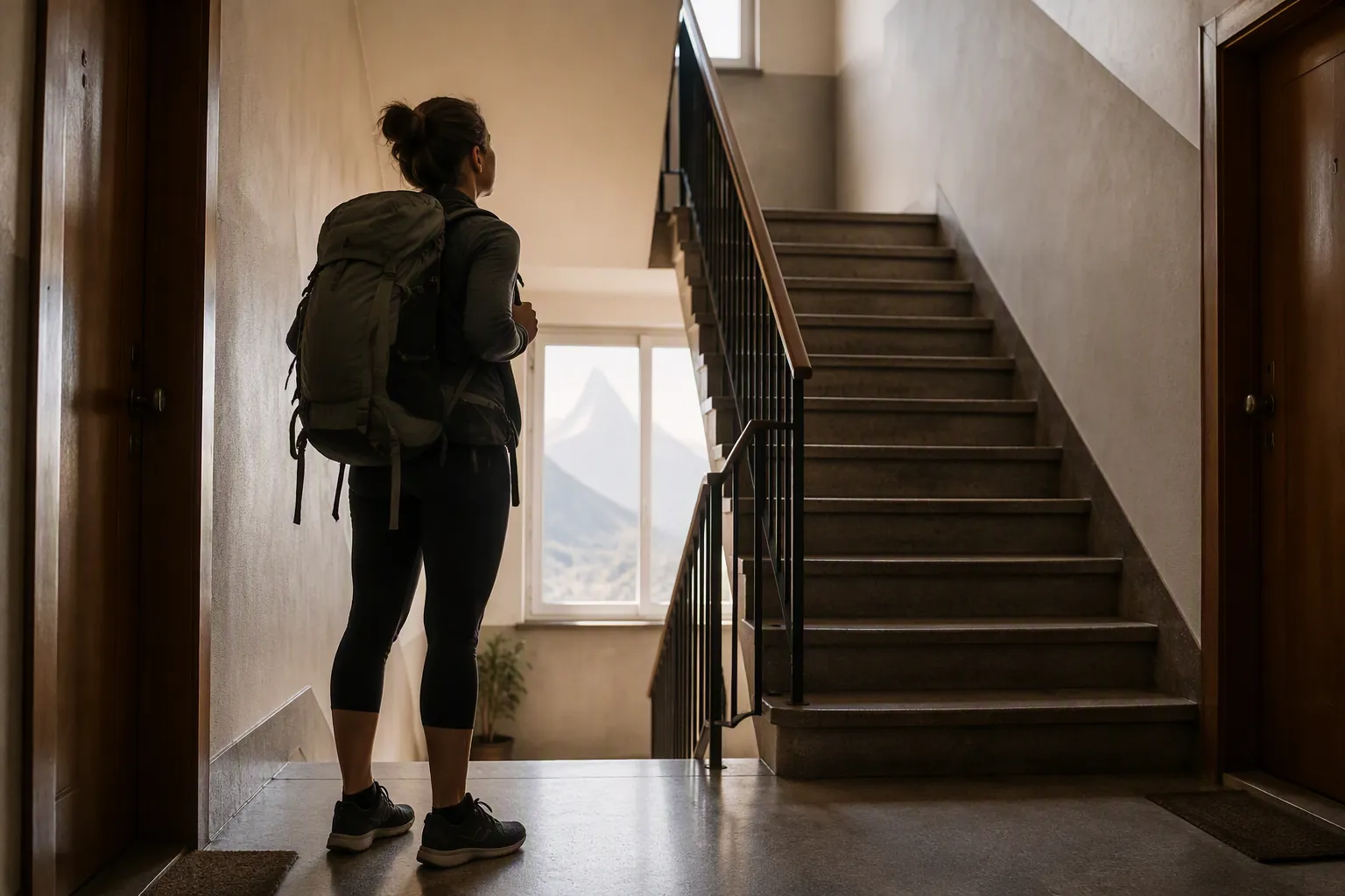 Person with a loaded backpack standing at the bottom of an apartment stairwell