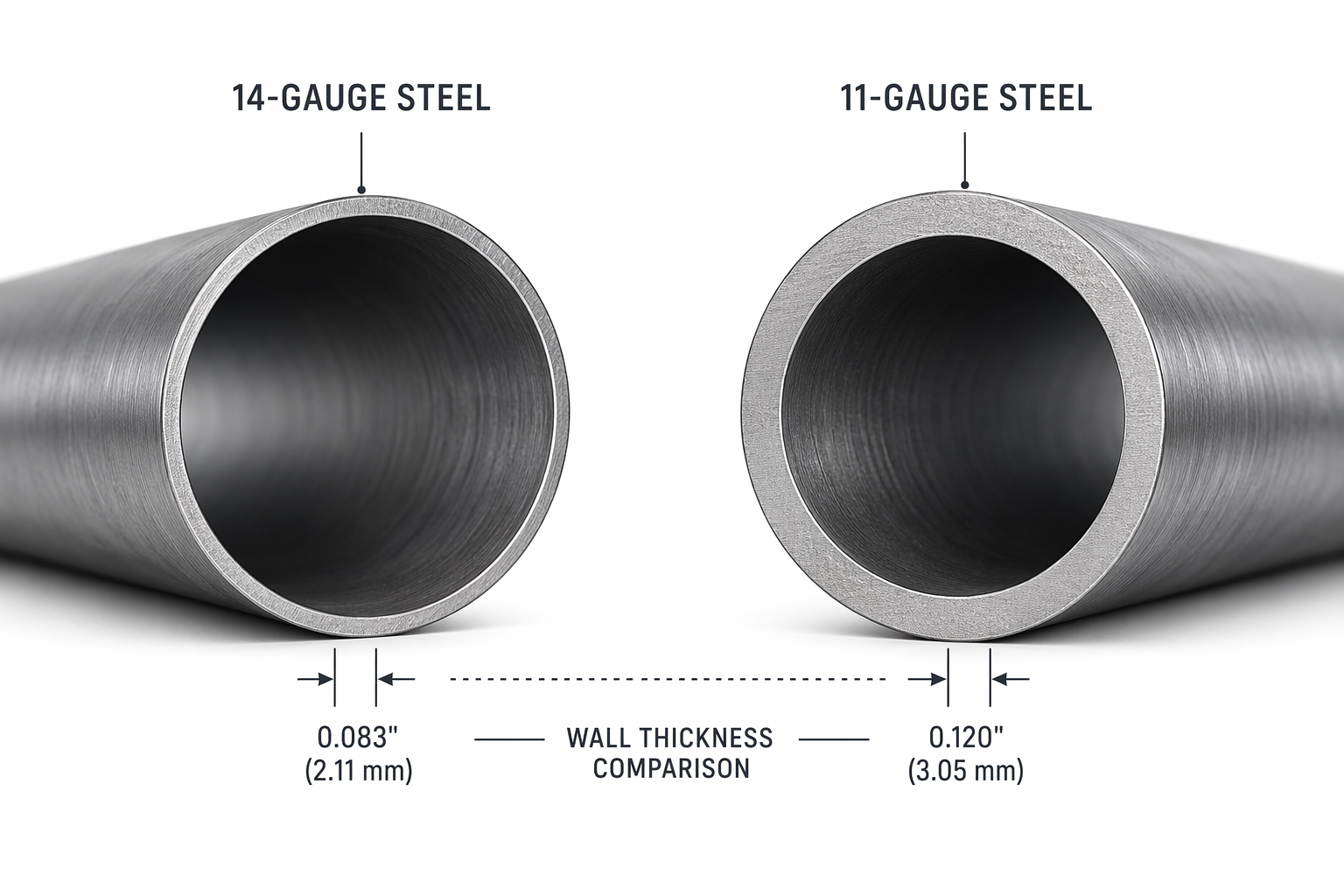 An editorial diagram showing two steel tube cross-sections side by side on a white background: a thinner 14-gauge steel tube on the left and a visibly thicker 11-gauge steel tube on the right, both rendered with brushed metal texture, with dimension callout lines indicating the wall thickness difference