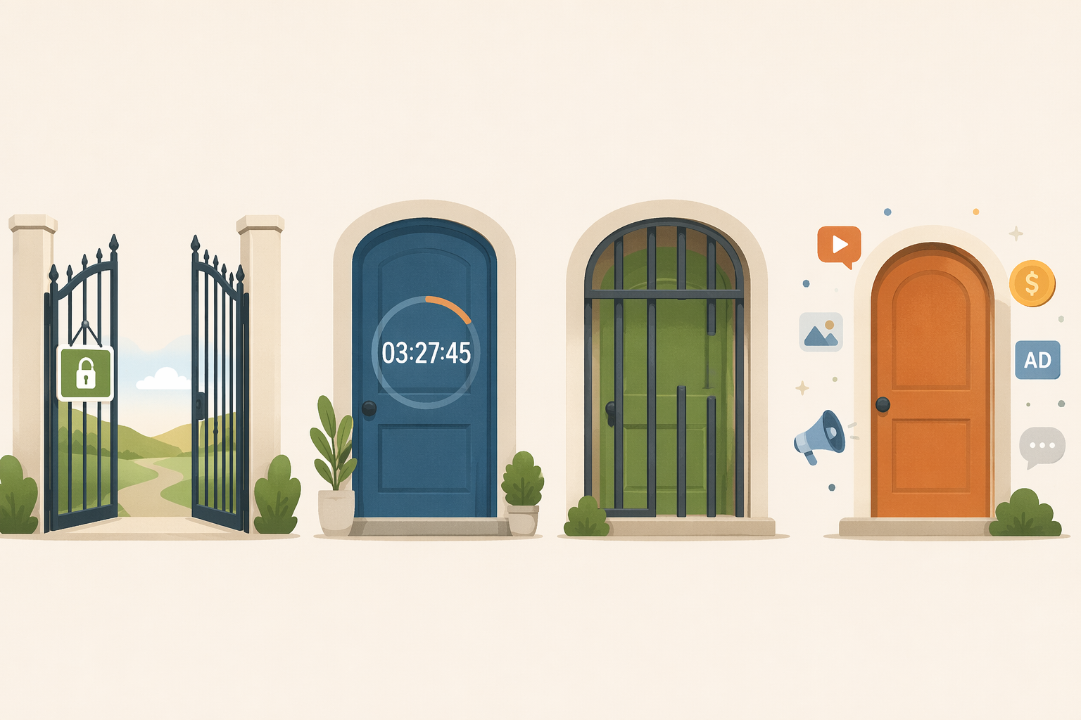 Four entryways representing free-forever access, expiring trials, capped freemium access, and ad-supported access