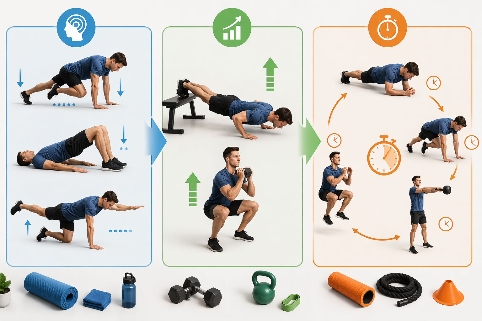 Three color-coded bodyweight program phases showing controlled movement, harder loading, and circuit conditioning