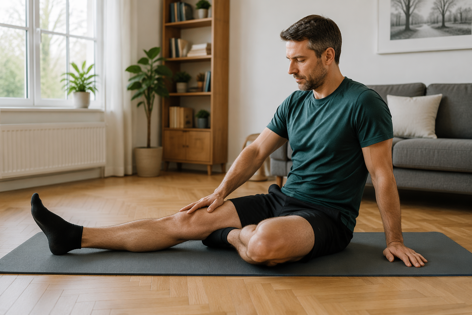 Person seated on a mat performing a controlled quad set with one leg extended