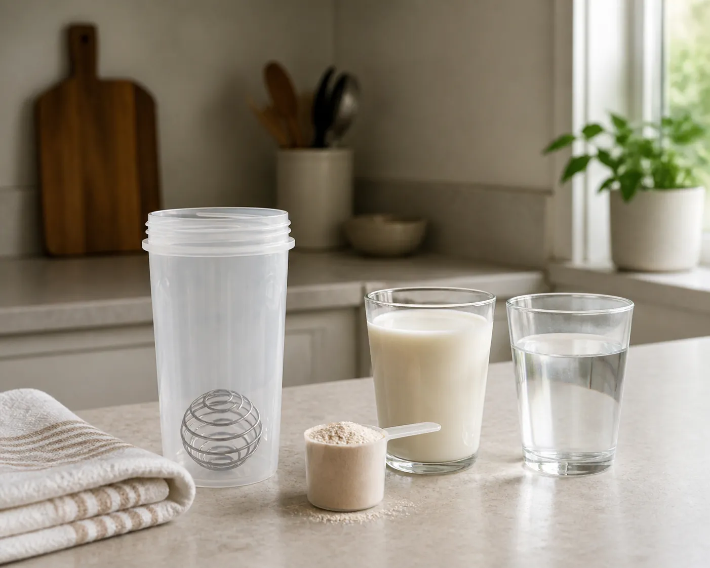 Shaker bottle with protein powder, milk, water, and a towel on a kitchen counter