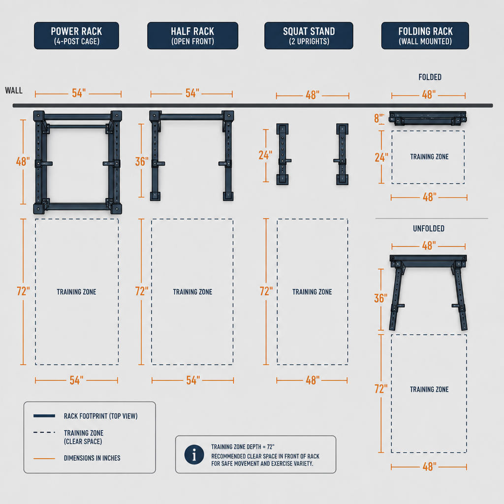 Top-down floor plan comparison showing the scaled footprints of four squat rack types with dashed training zone rectangles and dimension labels.