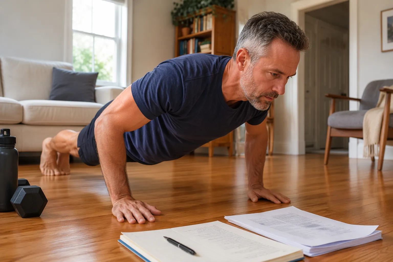 A middle-aged man doing a pushup at home with research papers and a notebook beside him