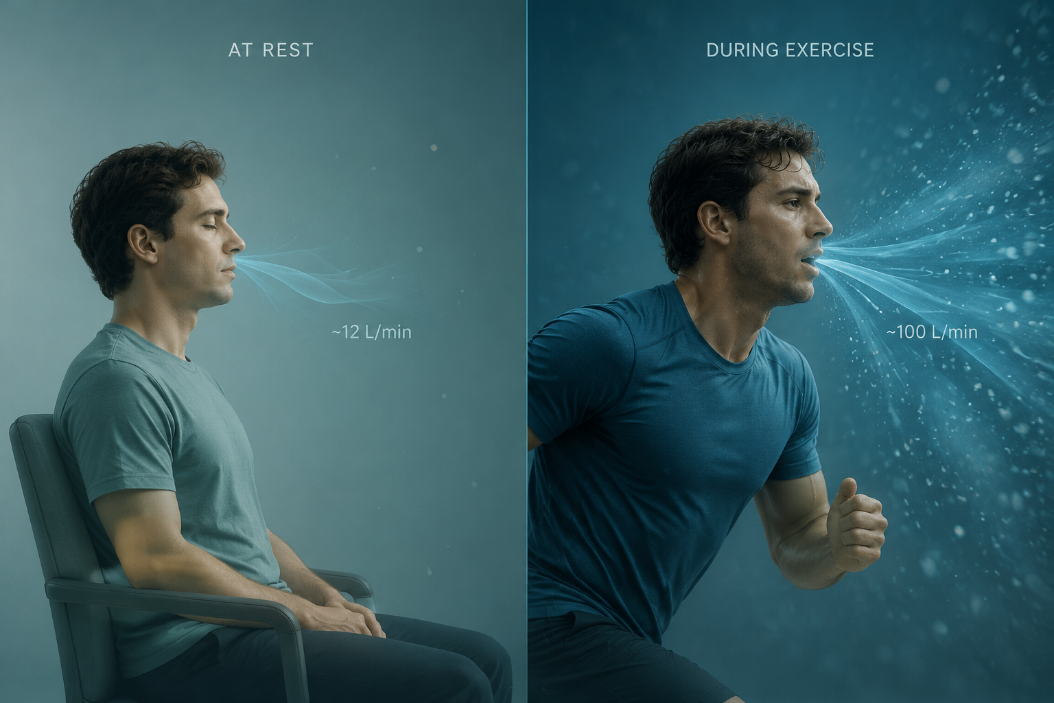 Comparison of breathing volume at rest and during exercise, showing about 12 L/min versus about 100 L/min