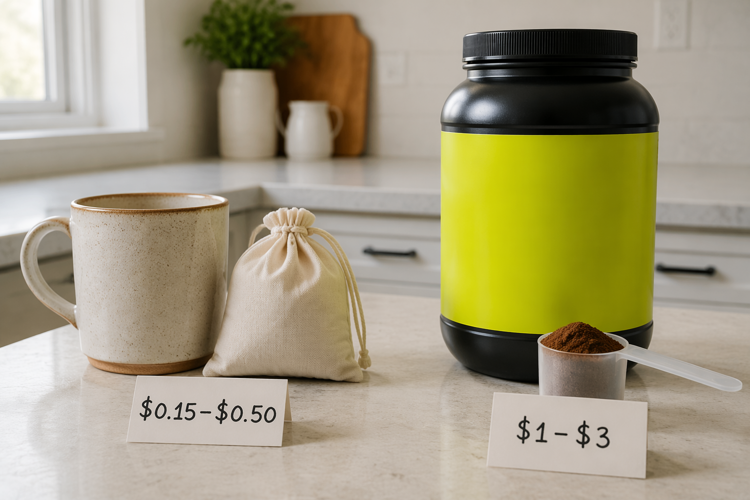 A kitchen counter comparing a low-cost coffee mug with a more expensive commercial pre-workout tub