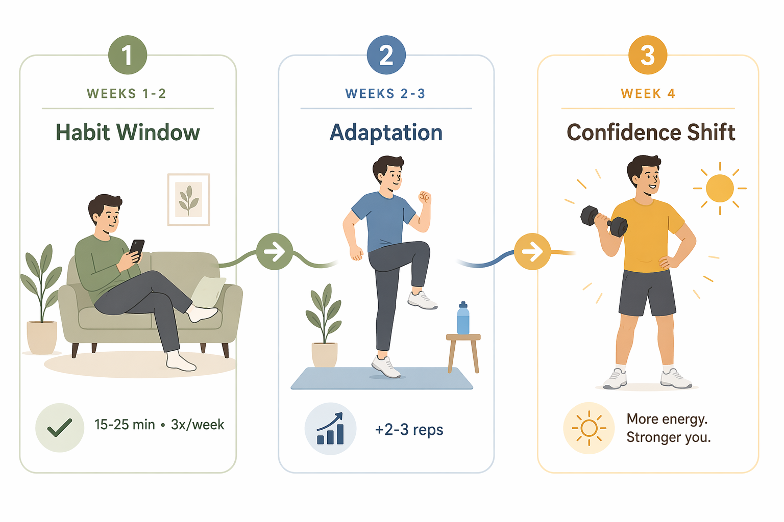 Three-phase beginner workout app roadmap showing habit window, adaptation, and confidence shift