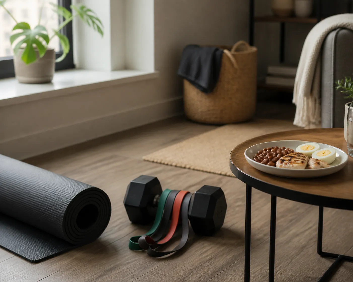 A compact home workout corner with resistance bands, a dumbbell, an exercise mat, and a modest protein meal nearby