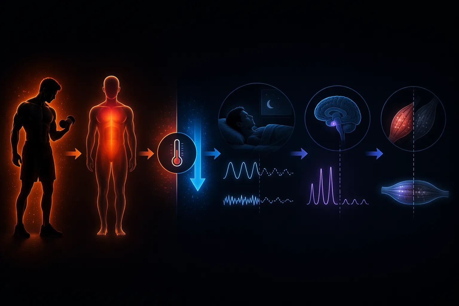 Infographic showing exercise heat blocking pre-sleep cooling and weakening deep sleep recovery
