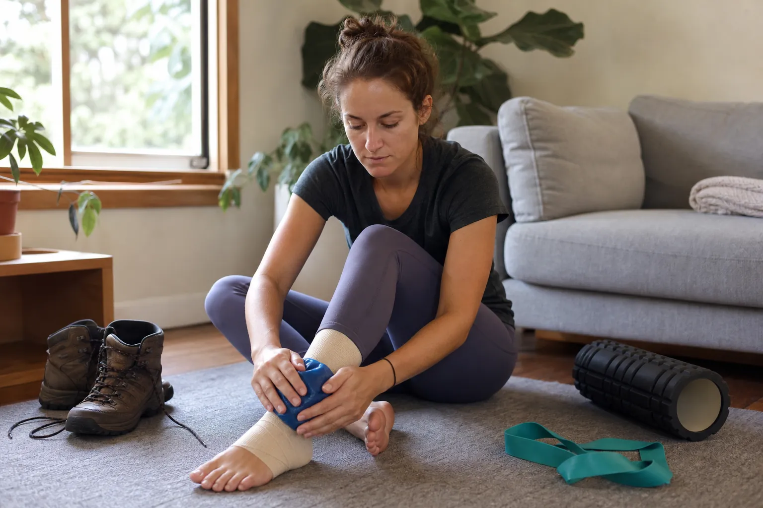 A hiker recovering from an ankle injury on a living room floor with an ice pack, elastic wrap, hiking boots, foam roller, and resistance band nearby
