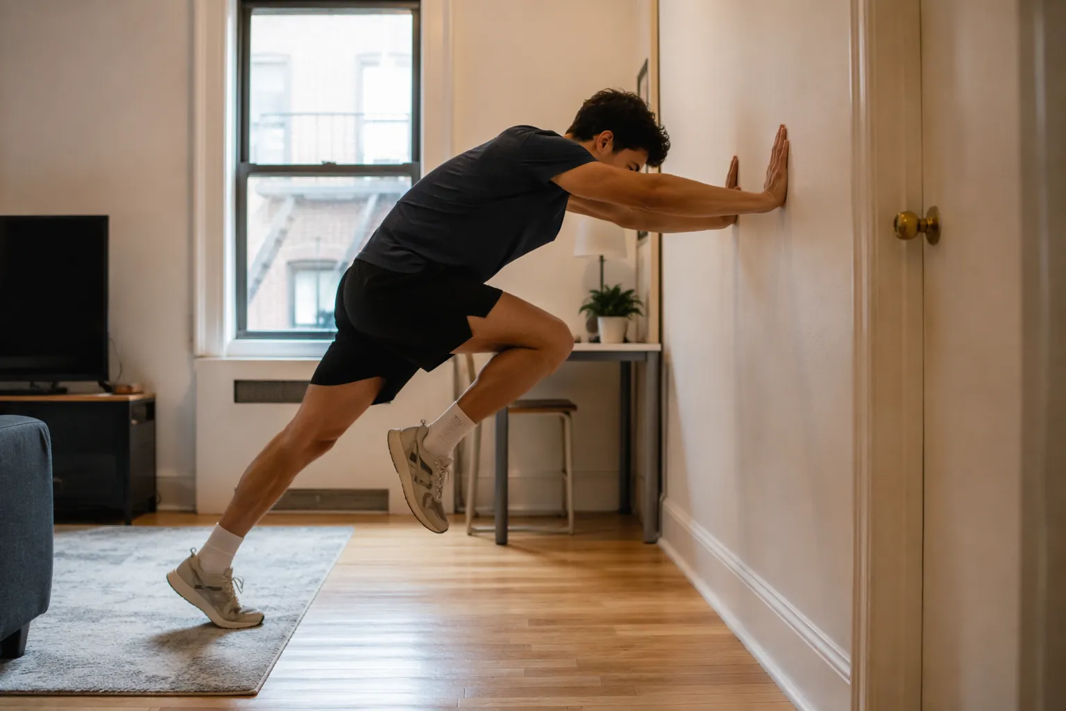 Person leaning into a wall while driving one knee up in a wall drive sprint drill