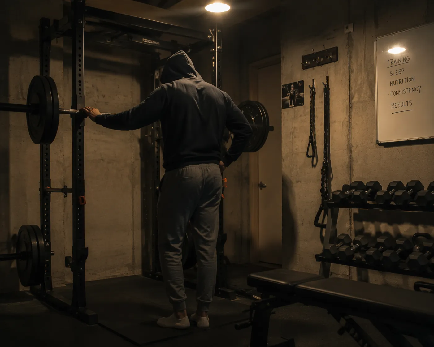 Tired person standing in a dimly lit home gym before a weight rack and barbell