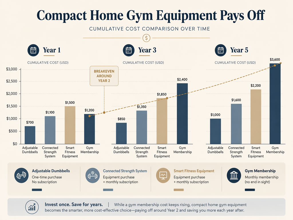 Stacked bar chart comparing cumulative costs of compact home gym categories against a gym membership benchmark at Year 1, Year 3, and Year 5.