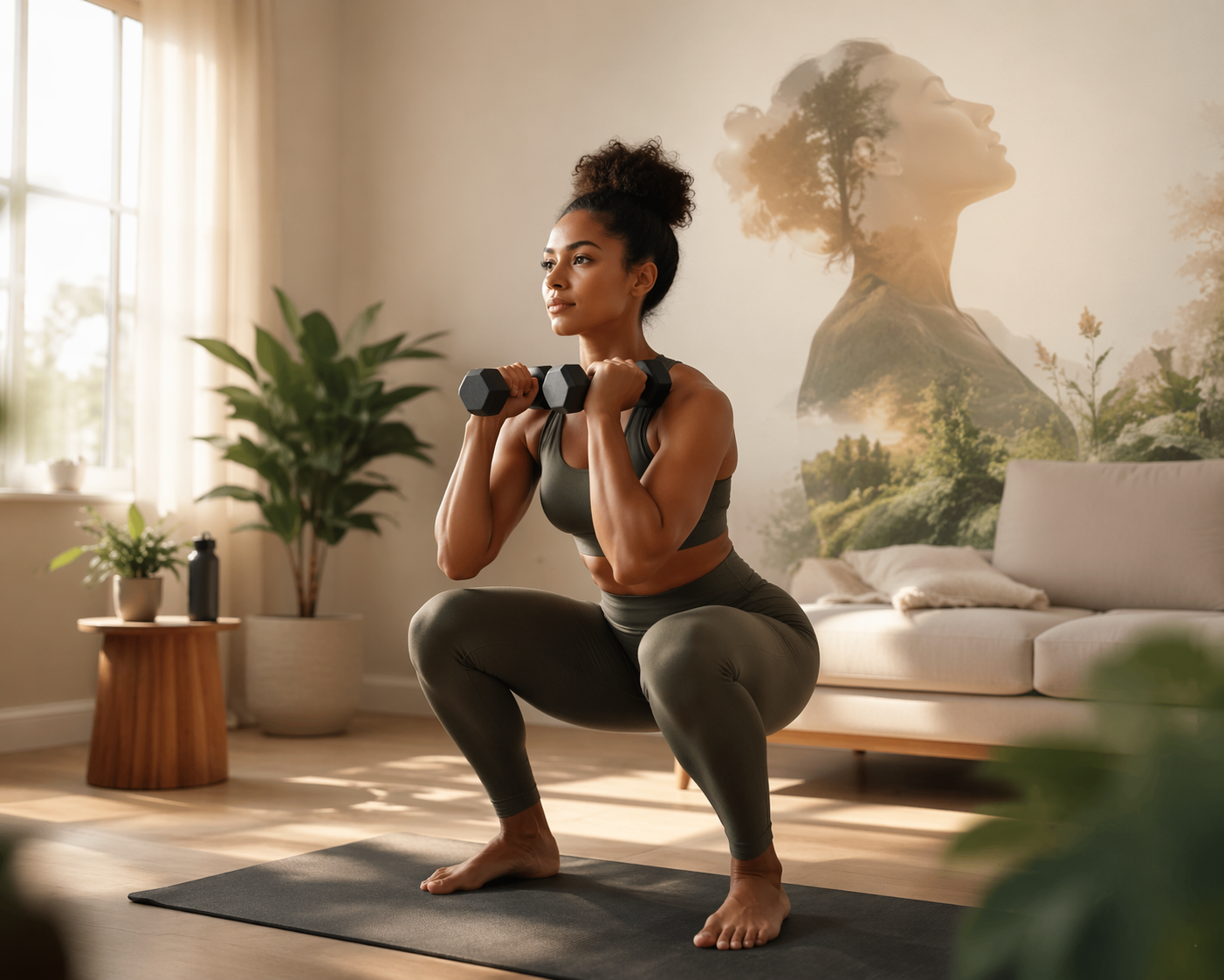 A person doing a bodyweight squat with light dumbbells in a bright living room