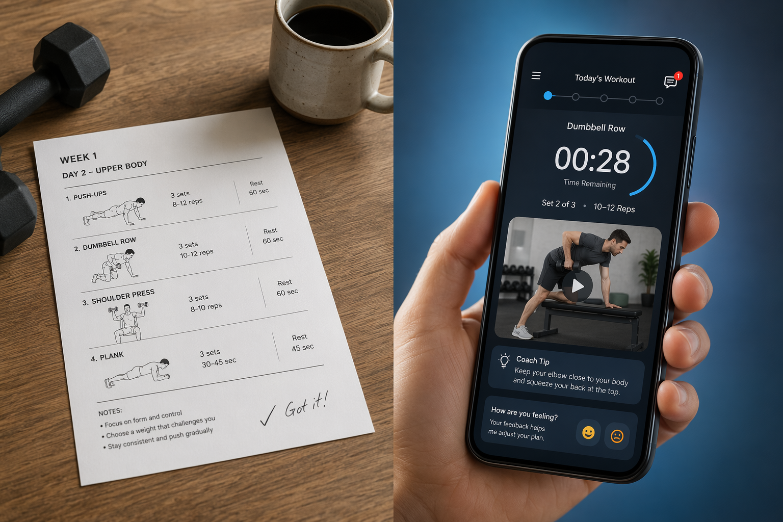 Printed workout page beside dumbbells contrasted with a smartphone fitness app interface