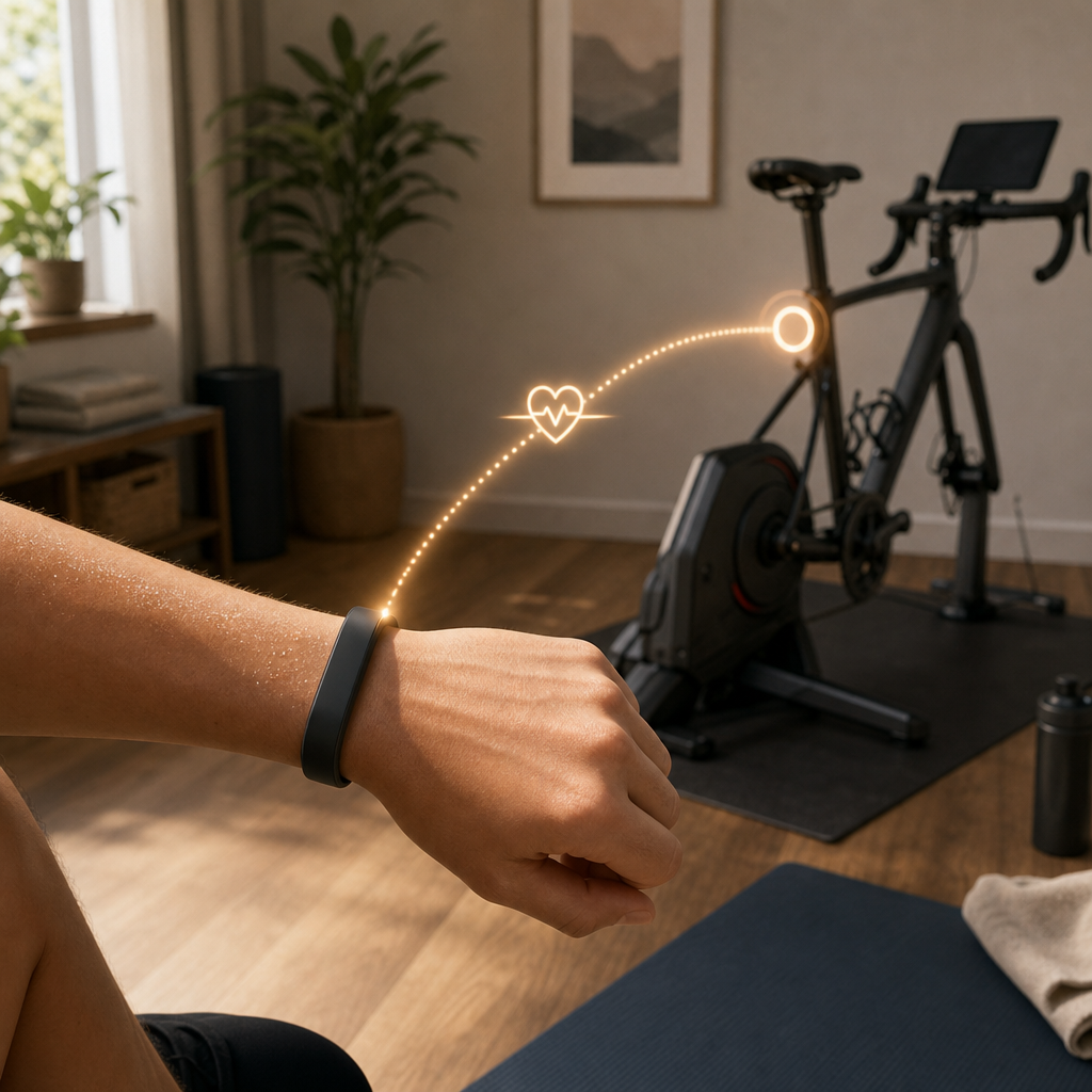 Screenless fitness band broadcasting heart rate to an indoor bike trainer in a small home gym