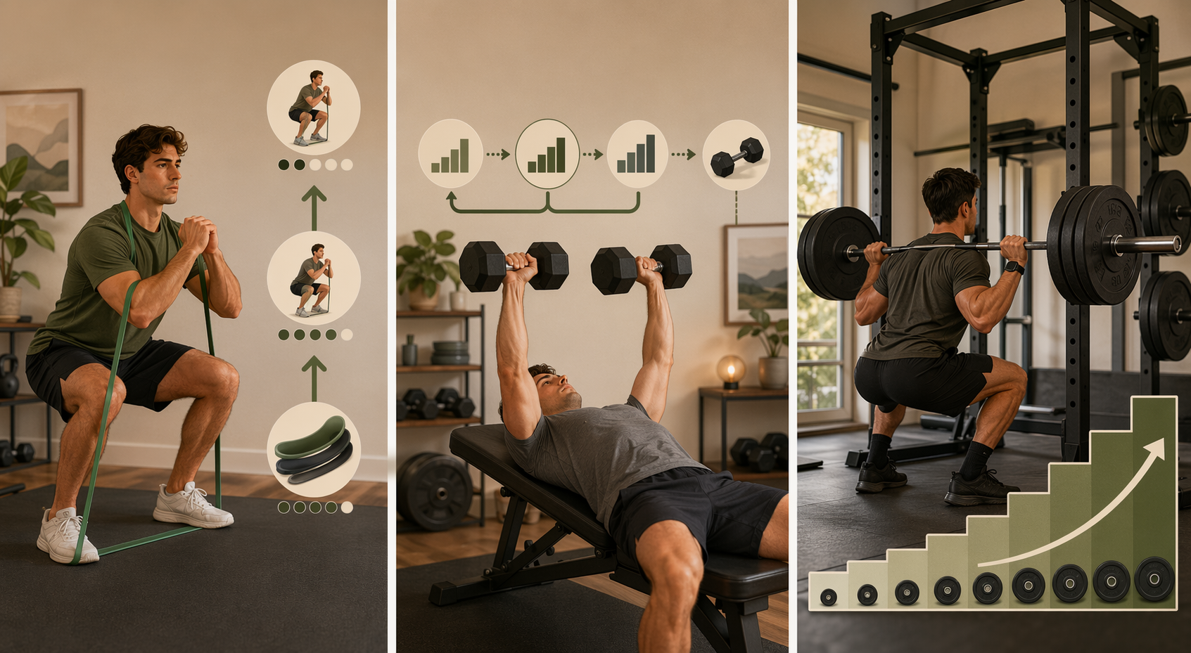 Illustration comparing band progression, dumbbell double progression, and barbell load progression