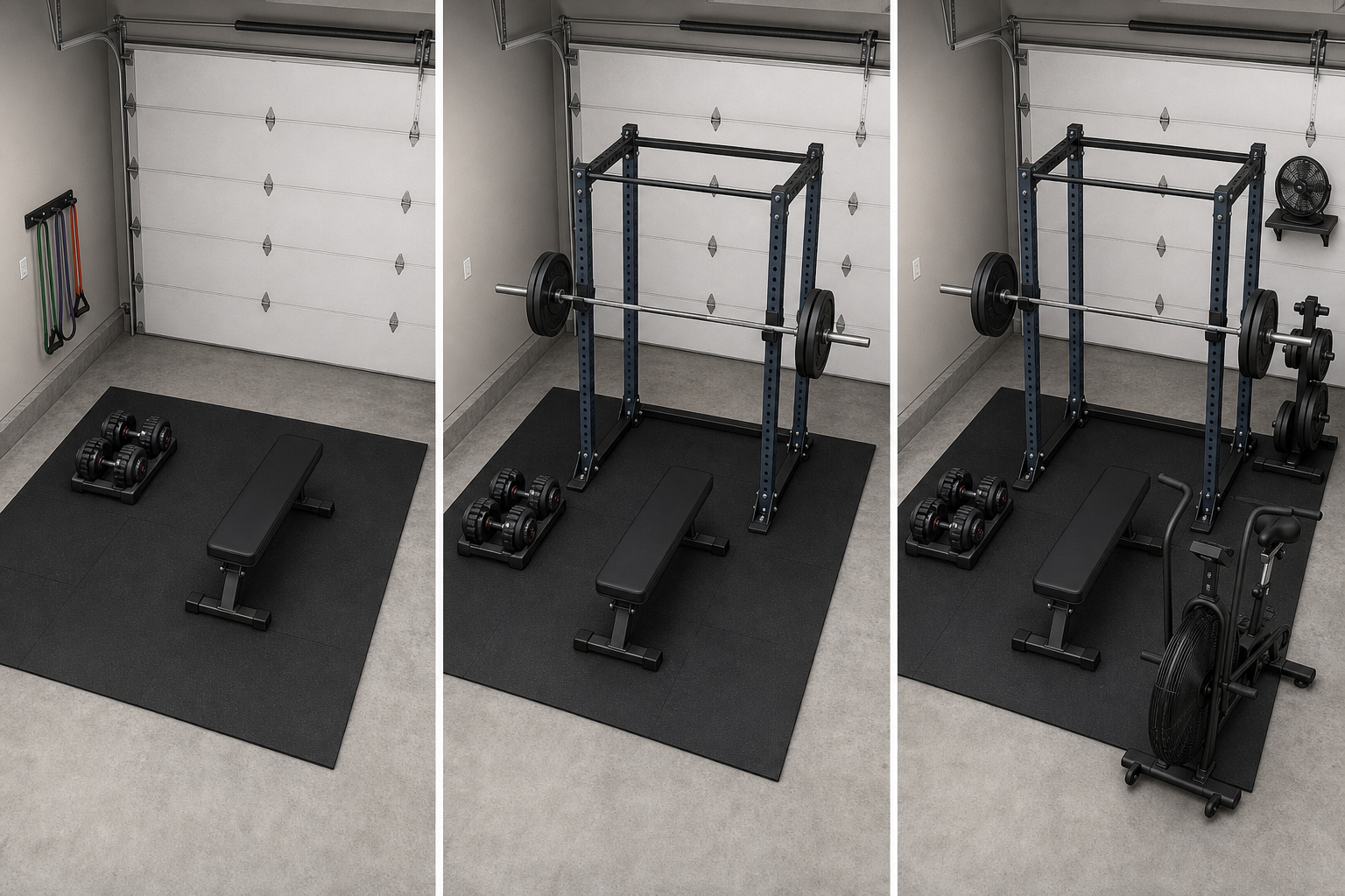 Three side-by-side floor plan panels showing the phased garage gym build from Phase 1 (bench and dumbbells) through Phase 2 (rack and barbell) to Phase 3 (air bike, storage, and fan)