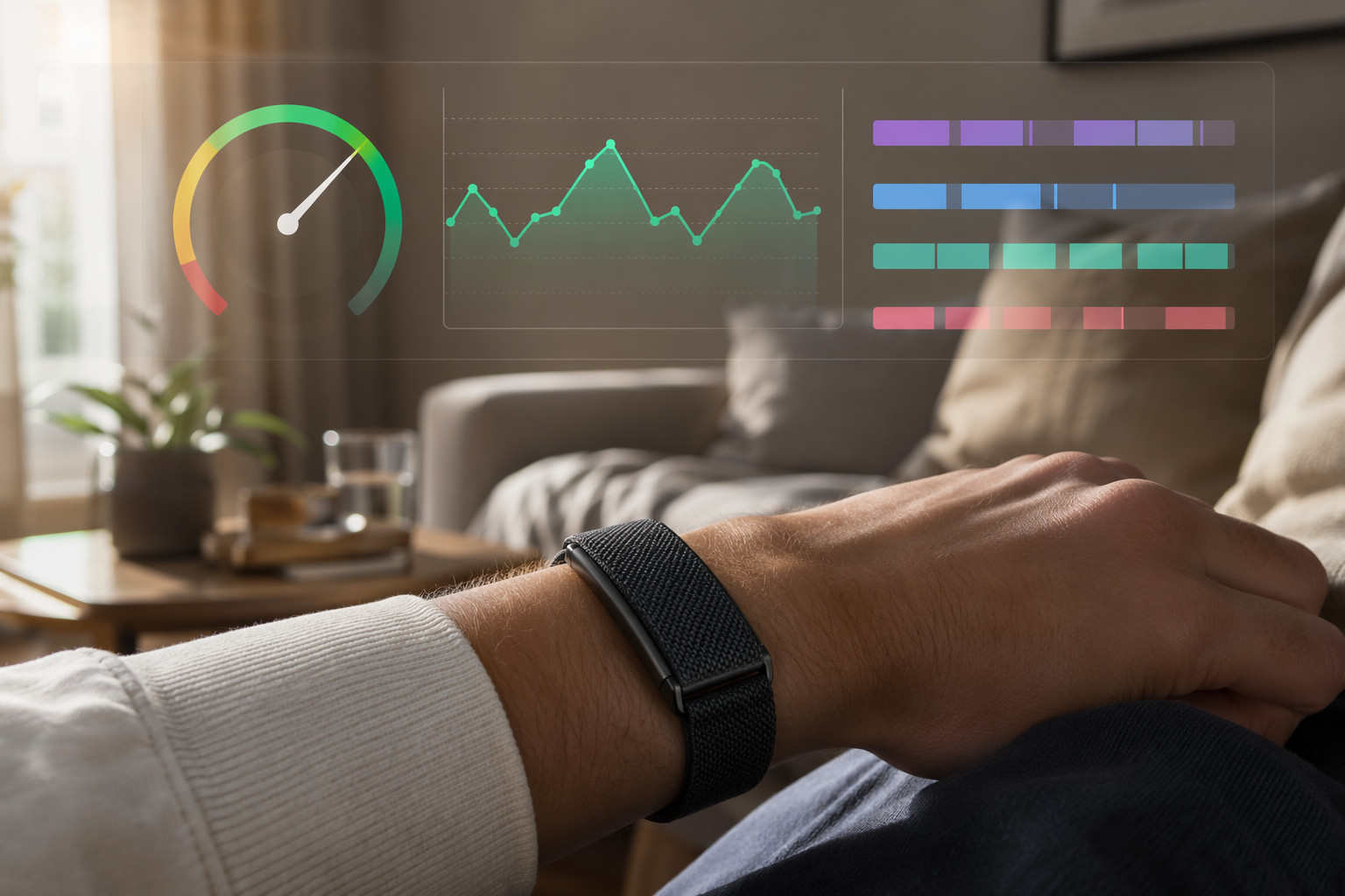 A Whoop 5.0 band worn on a wrist in a sunlit living room, with semi-transparent data visualization overlays showing a green-yellow-red recovery gauge, HRV trend graph, and sleep stage breakdown bars floating above the scene.