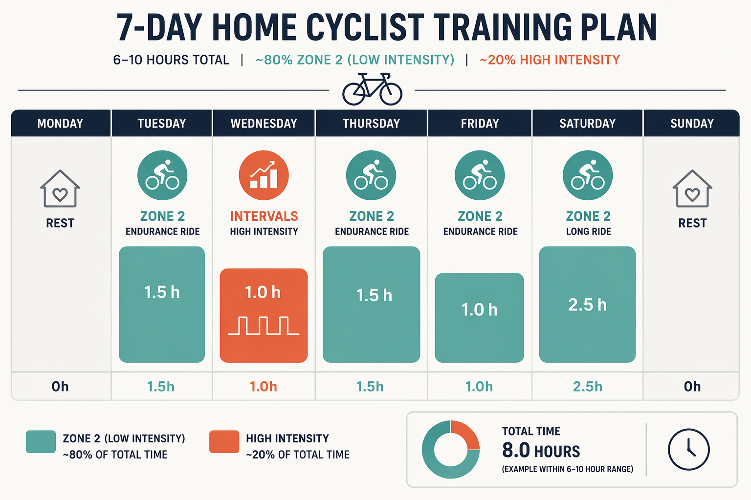 Weekly training calendar showing mostly Zone 2 blocks with two smaller high-intensity sessions and rest days