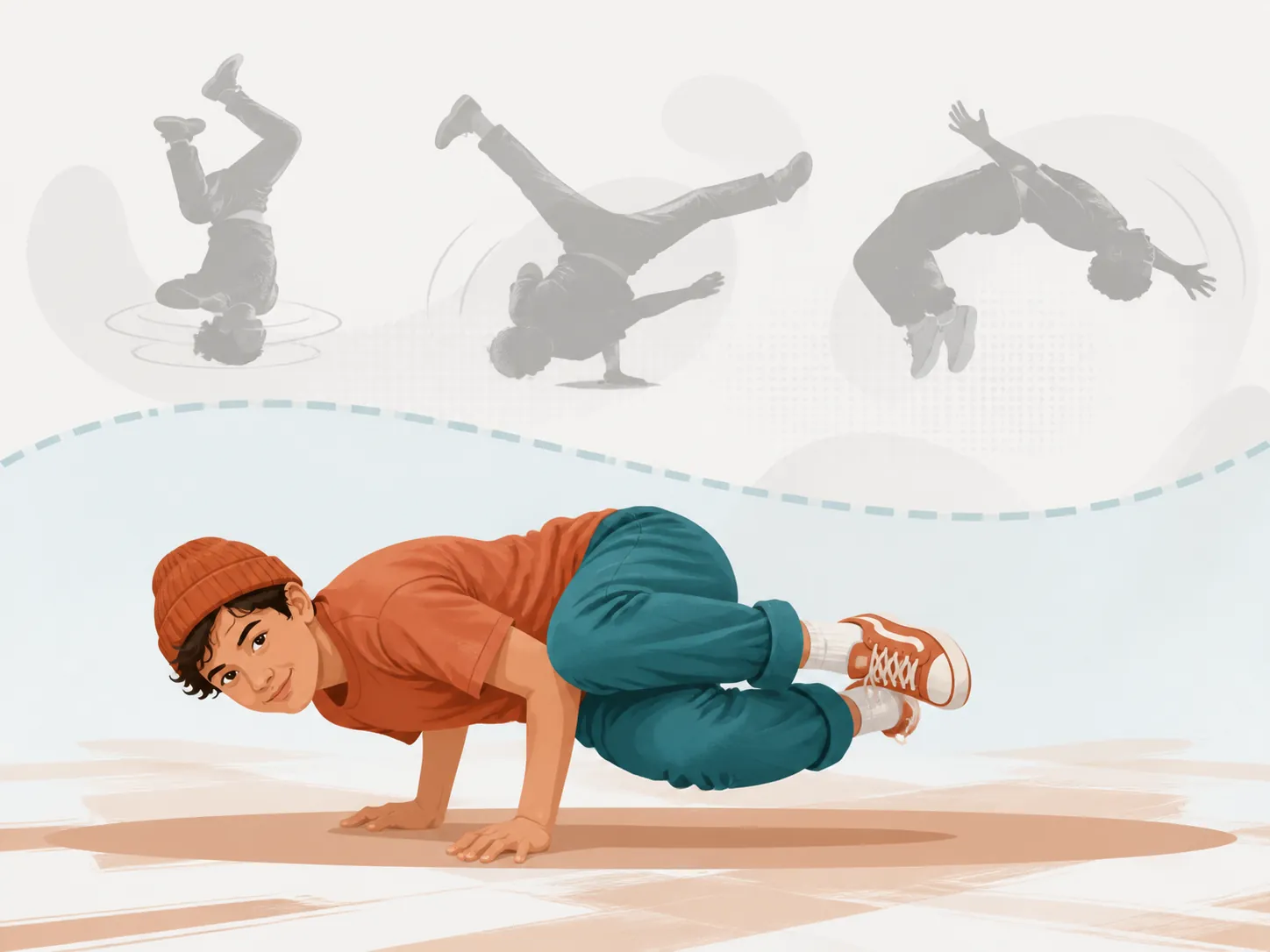 Beginner holding a low baby freeze while headspins, windmills, and backflips remain behind a barrier