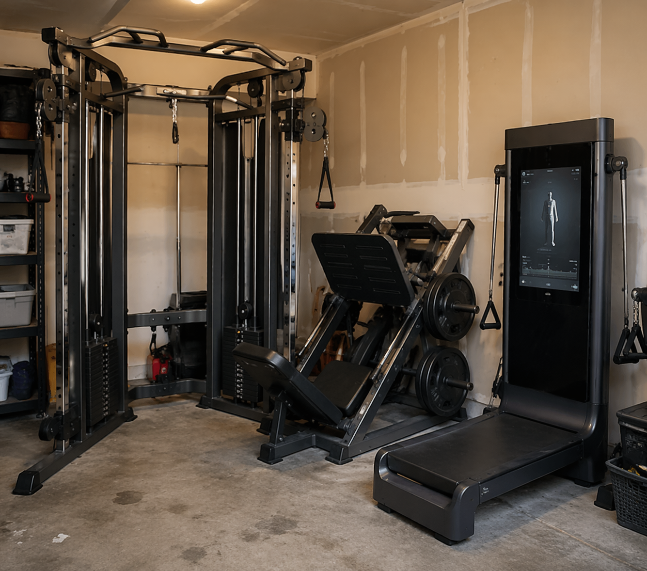Cluttered garage corner with a bulky standalone cable crossover machine, a leg press machine, and an all-in-one smart home gym with a screen, showing cramped and inefficient use of space.