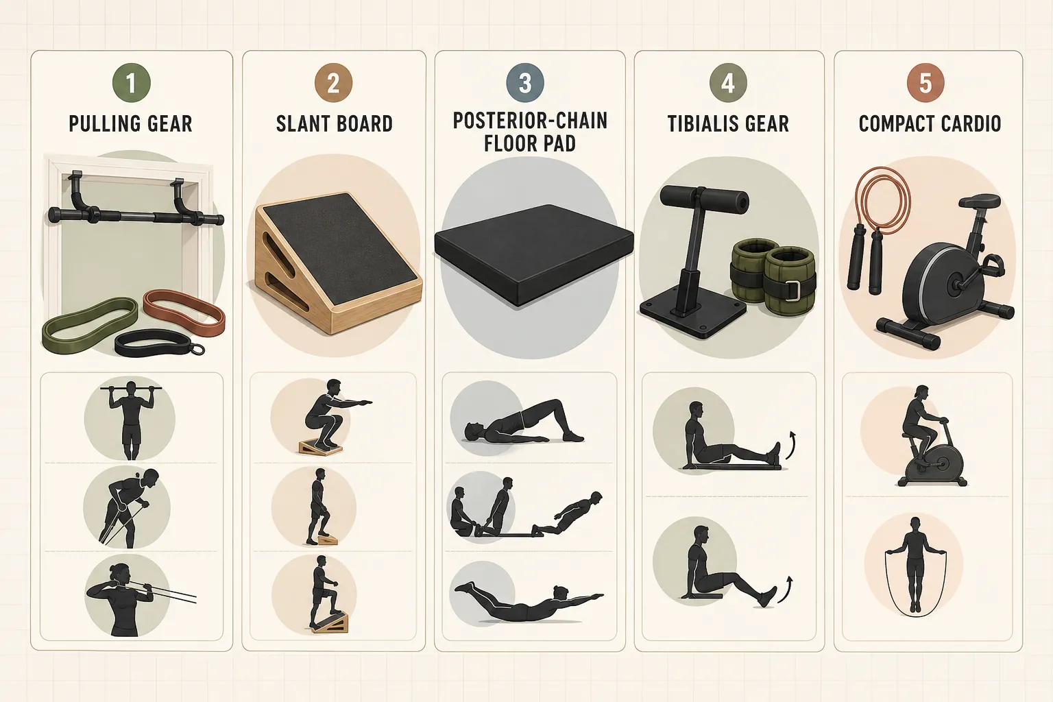 Infographic showing five equipment categories for an apartment version of Bryan Johnson's workout routine