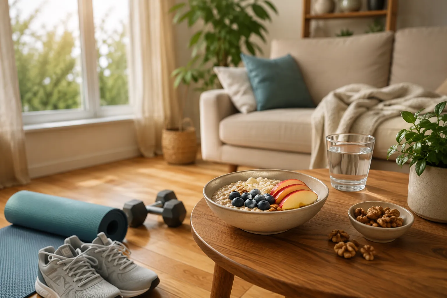 Yoga mat and sneakers on a living room floor beside oatmeal with berries, apple, walnuts, and water
