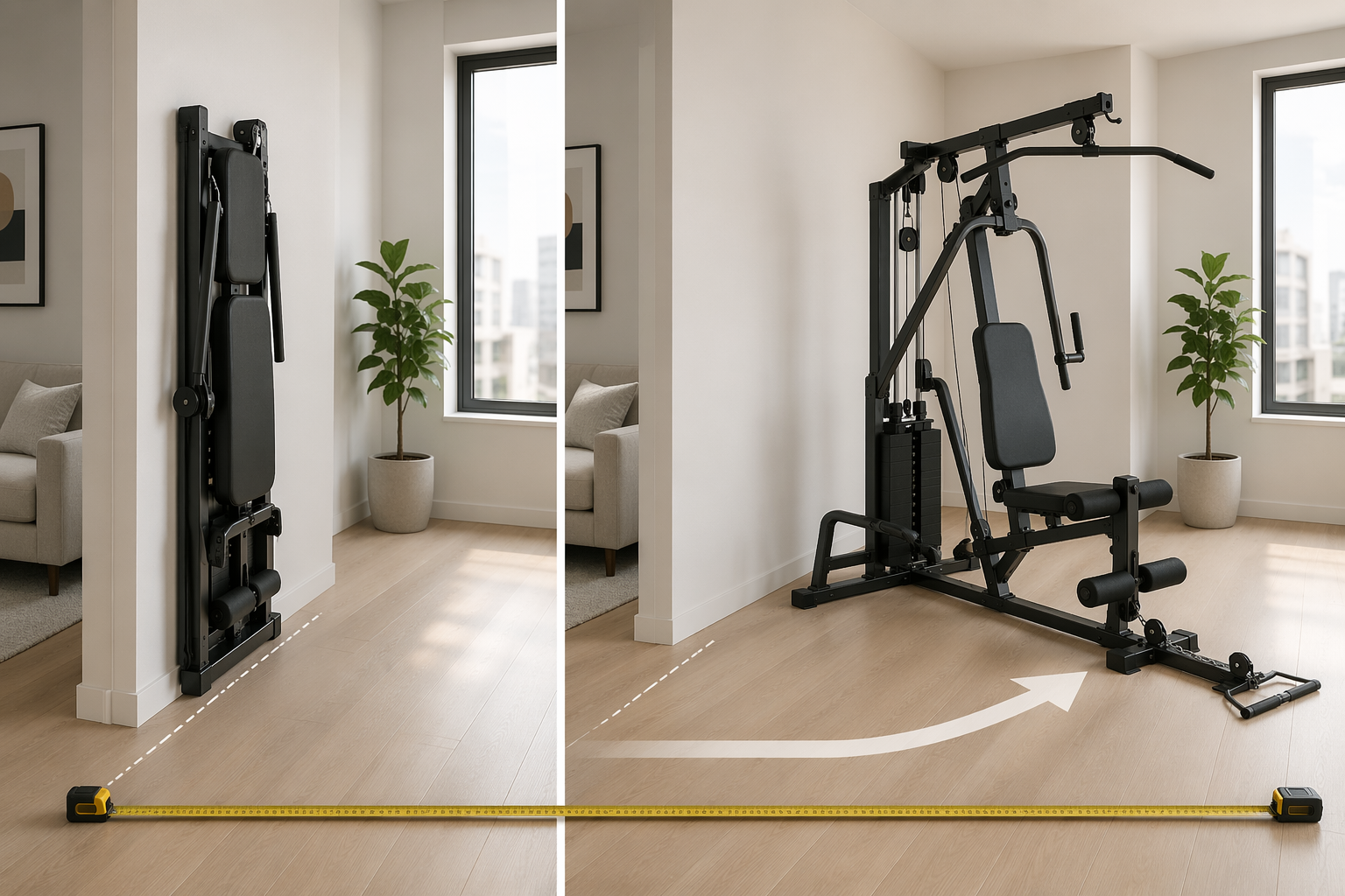 Split apartment scene showing a compact gym folded against a wall and unfolded with floor depth measured