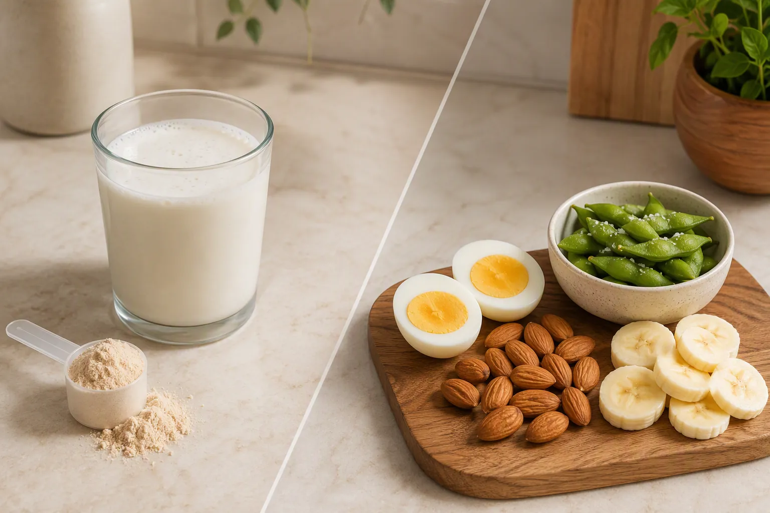 Comparison of a plain protein shake with eggs, almonds, banana slices, and salted edamame