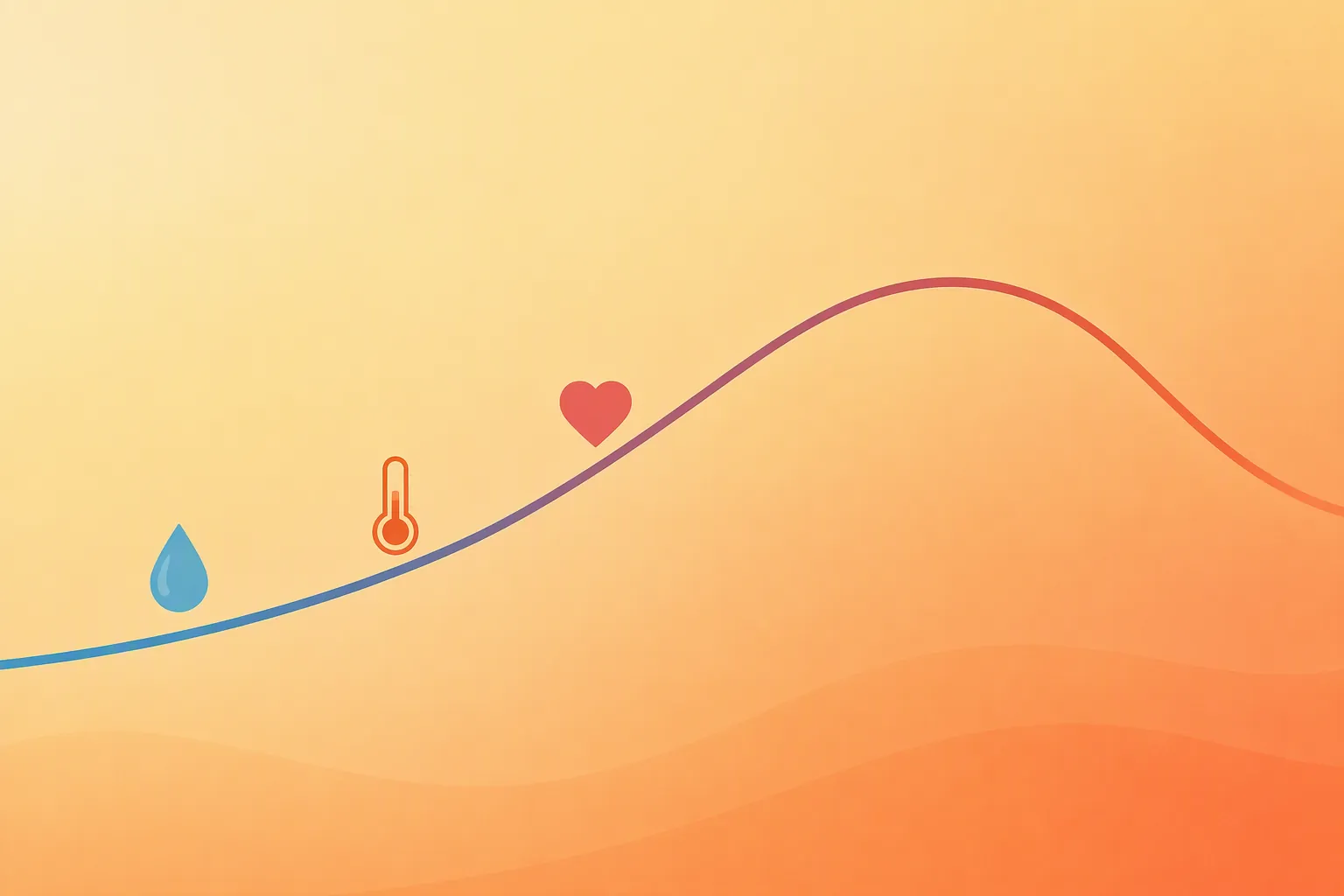 An adaptation curve rising over a warm gradient and declining at the end with water, thermometer, and heart icons